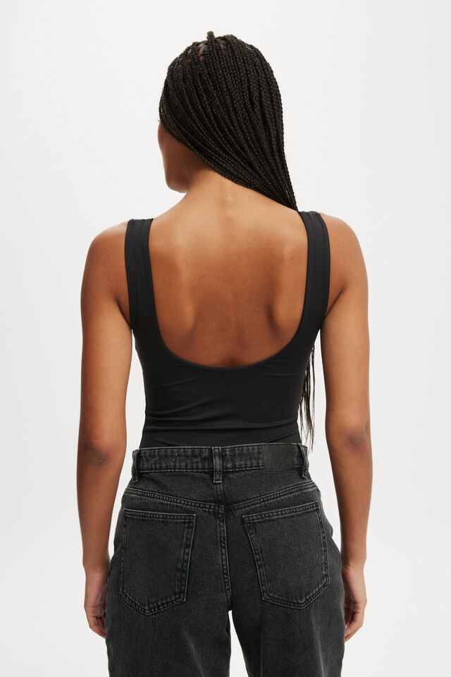 Cleo Scoop Neck Low Back Bodysuit, BLACK