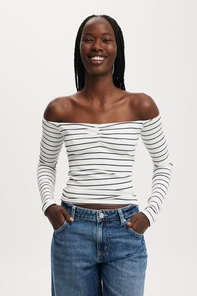 Rosa Off The Shoulder Long Sleeve Top, CLASSIC STRIPE VINTAGE WHITE/INK NAVY