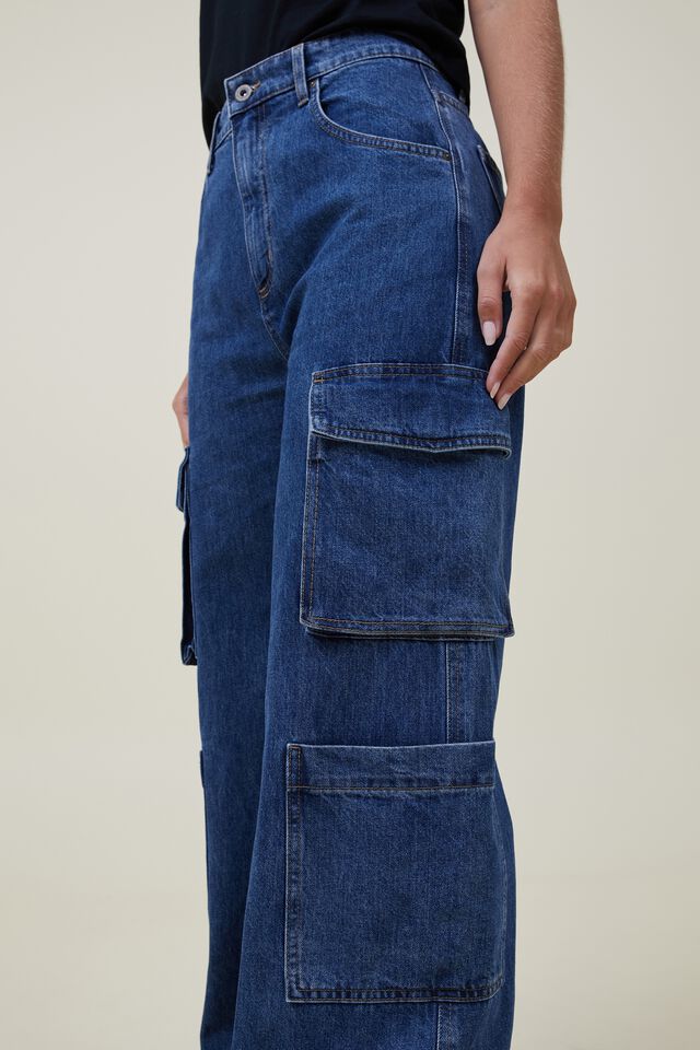 Strap Detail Cargo Jeans - Mid Blue