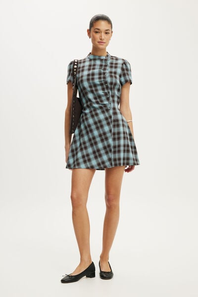 Nikki Button Mini Dress, BLUE BROWN CHECK