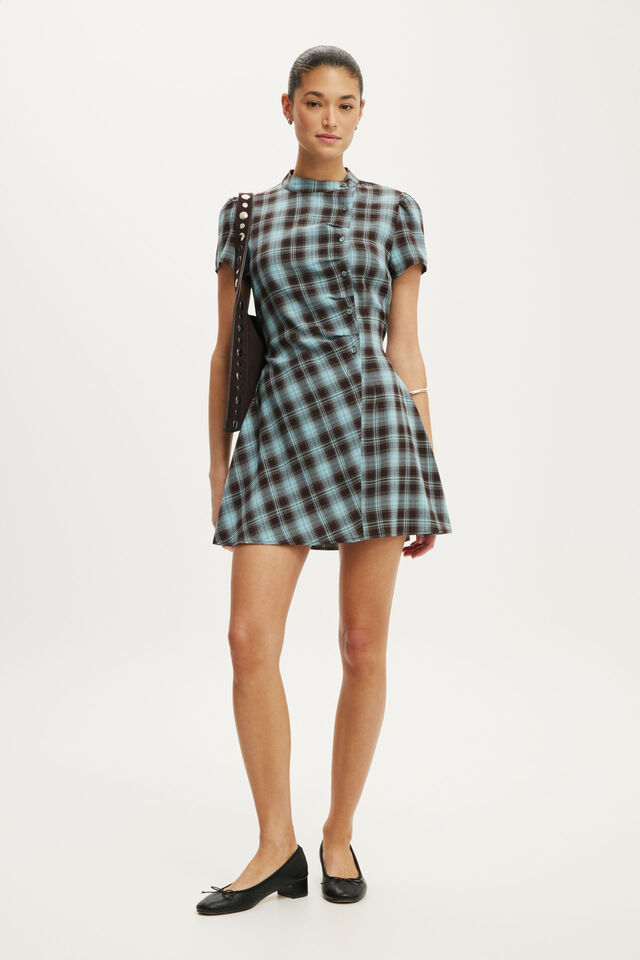 Nikki Button Mini Dress, BLUE BROWN CHECK
