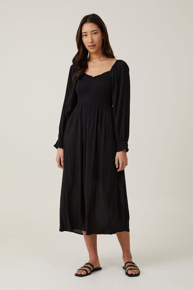 Aisha Shirred Maxi Dress, BLACK
