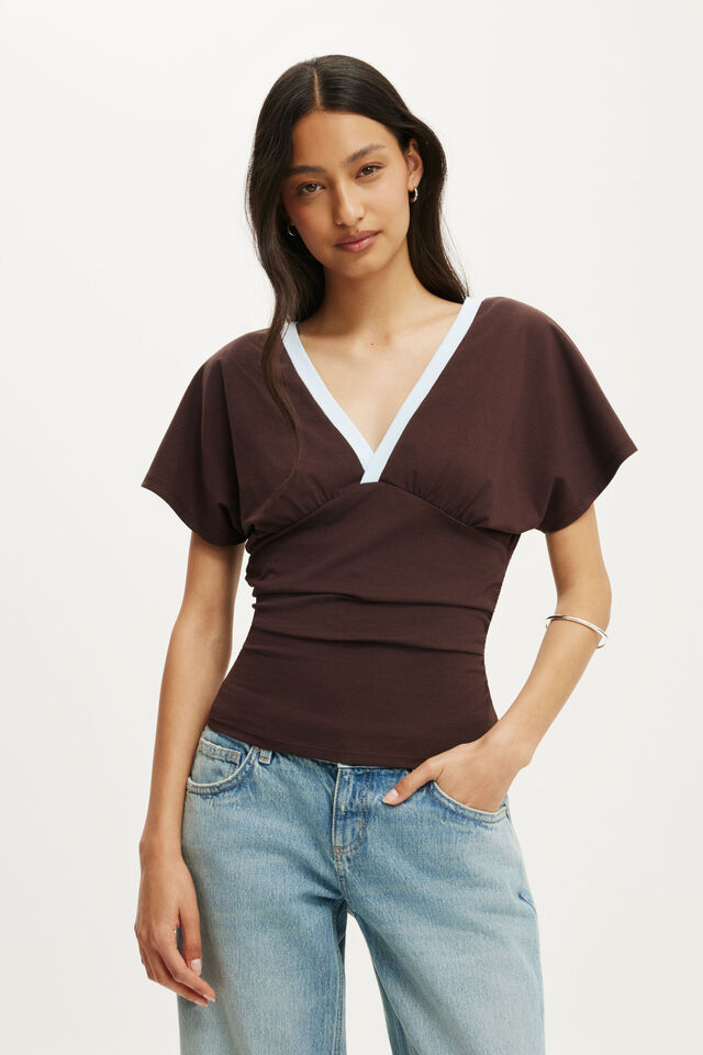 Benni Cinched Vee Tee, DARK OAK/SEASIDE BLUE