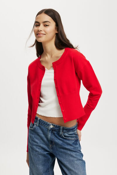 Everfine Round Neck Cardigan, RED PEPPER