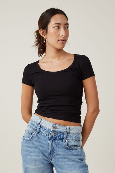 Staple Rib Scoop Neck Short Sleeve Top, BLACK II