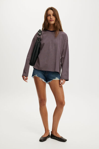 Camiseta - Oversized Boxy Long Sleeve Tee, LISA STRIPE VELVET CURRANT