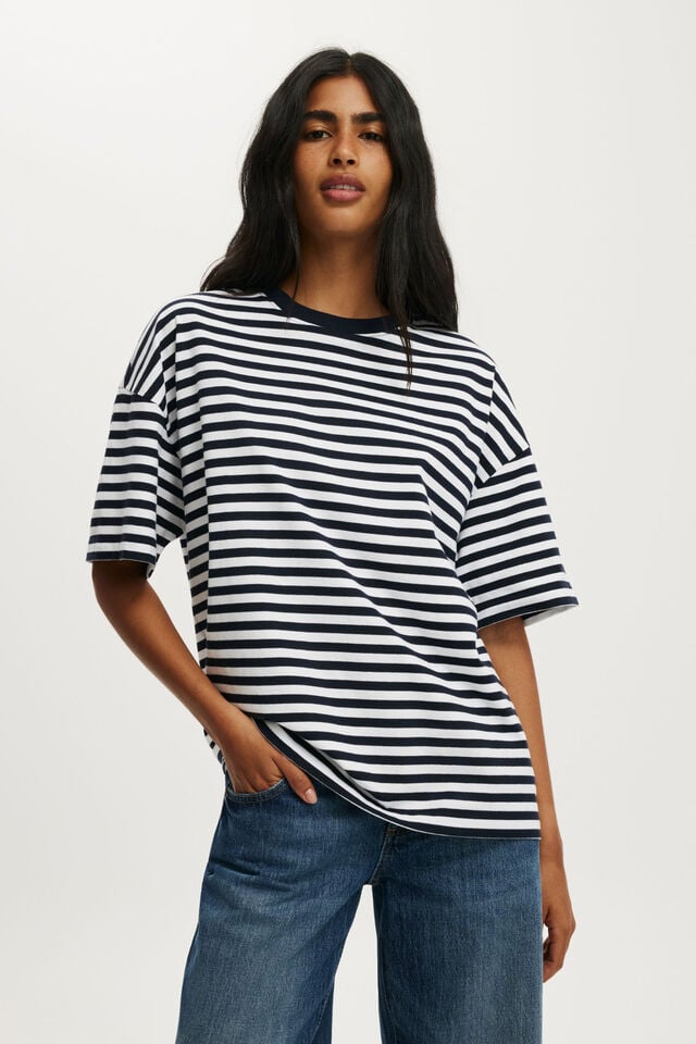 Boxy Short Sleeve Tee, SOPHIE STRIPE TOTAL ECLIPSE/WHITE