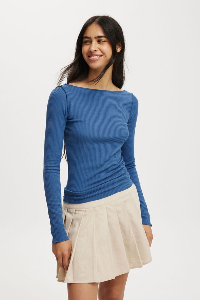 Polly Wide Neck Long Sleeve Top, AZURE BLUE