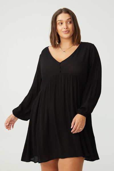 Curve Woven Linda Long Sleeve Mini Dress, BLACK TEXTURE
