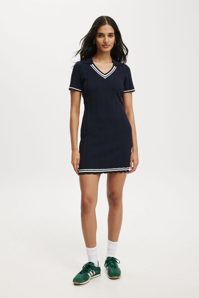 Heritage Knit Polo Mini Dress, NAVY/WHITE