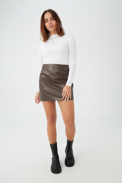 Vegan Leather Mini Skirt, DARK RICH BROWN