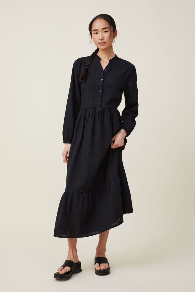 Ls Button Front Maxi Dress, BLACK