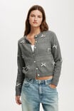 Lux Crew Button Cardigan, GRAPHITE MARLE WITH BOWS - alternate image 1