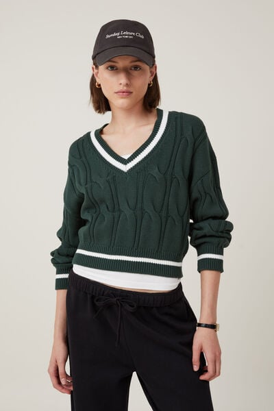 Cable Cotton V-Neck Pullover, PINE FOREST GREEN