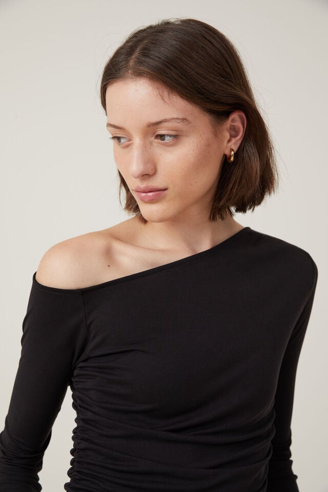 Gabby Off The Shoulder Long Sleeve Top, BLACK