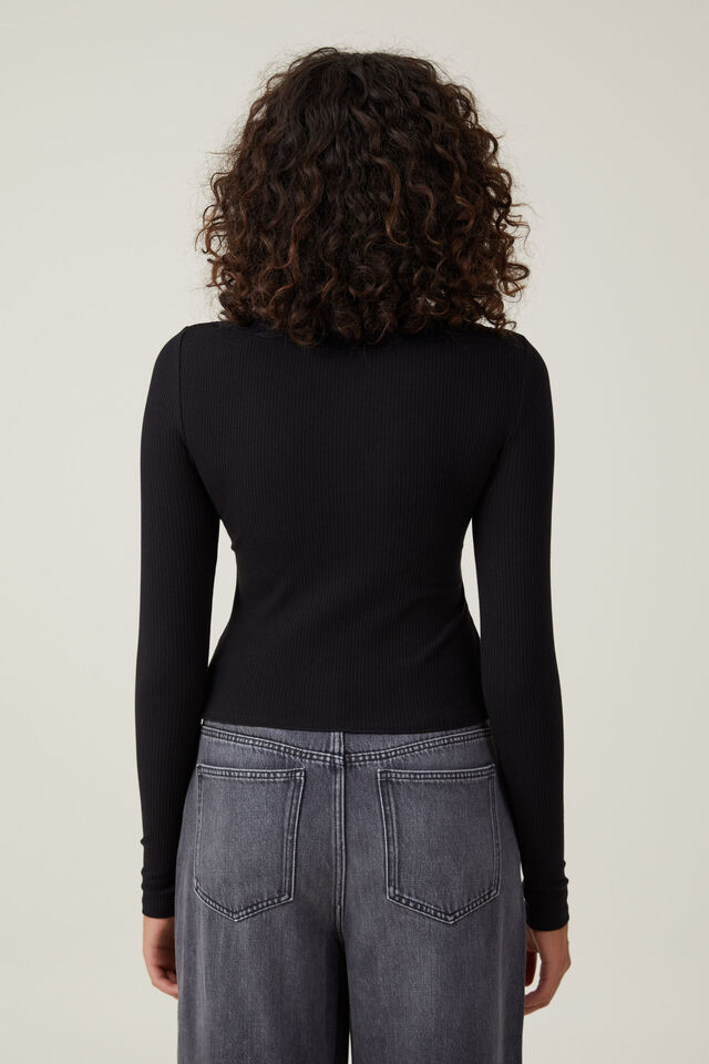 Camiseta - Sadie Lace Trim Long Sleeve Top, BLACK