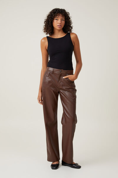 Faux Leather Straight Jean, BROWN