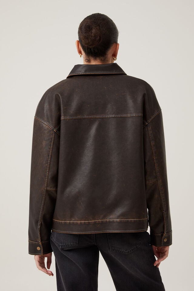Leo Faux Leather Jacket, WASHED BROWN