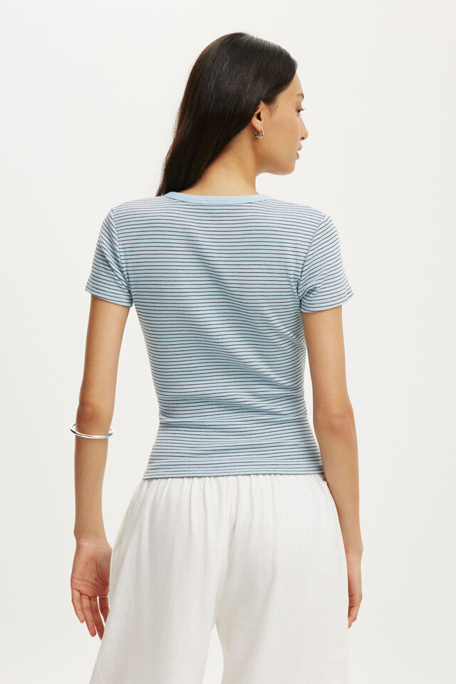 Blake Rib Henley Short Sleeve, LISA STRIPE SEASIDE BLUE/DARK OAK