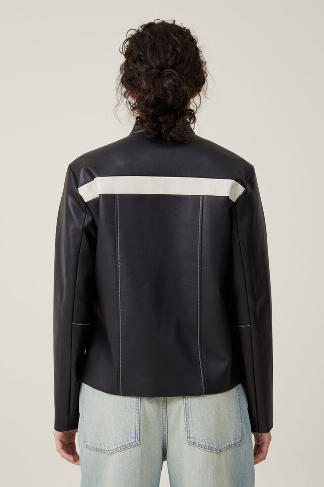 Nova Faux Leather Moto Jacket, BLACK/ WHITE SPLICE