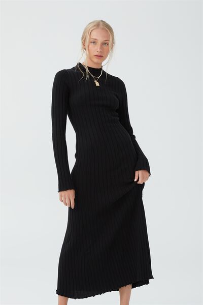 Vestido - Twist Knit Mock Neck Midi Dress, BLACK