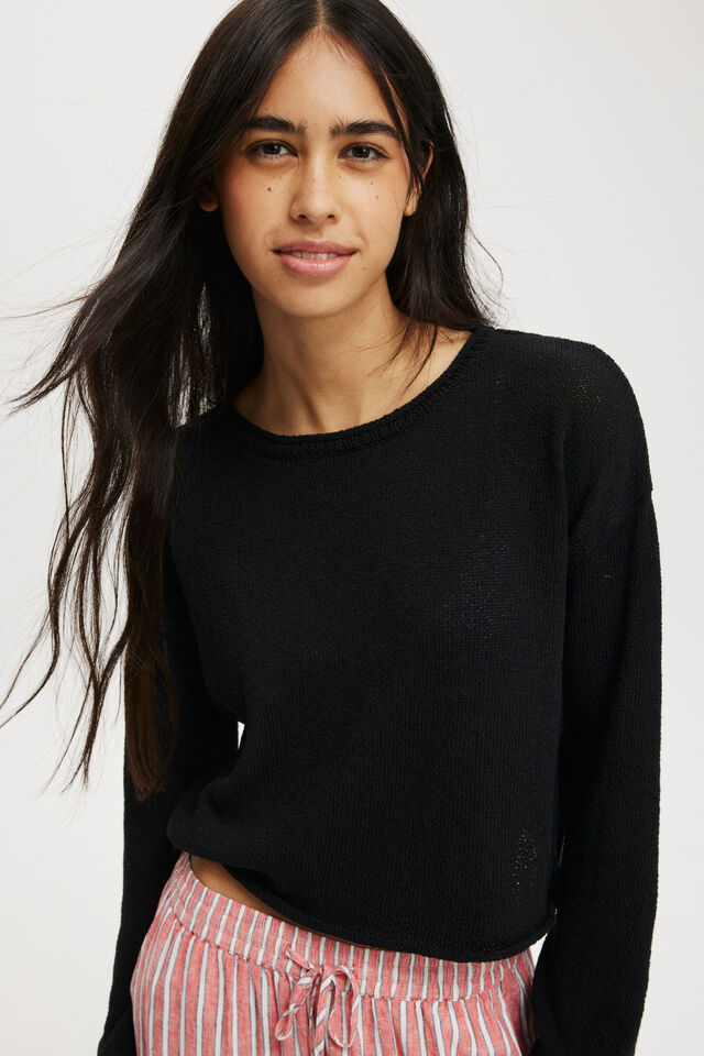 Roll Over Boat Neck Pullover, BLACK