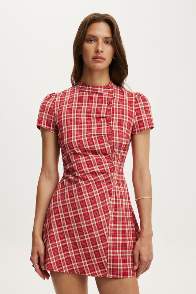 Nikki Button Mini Dress, RED CHECK