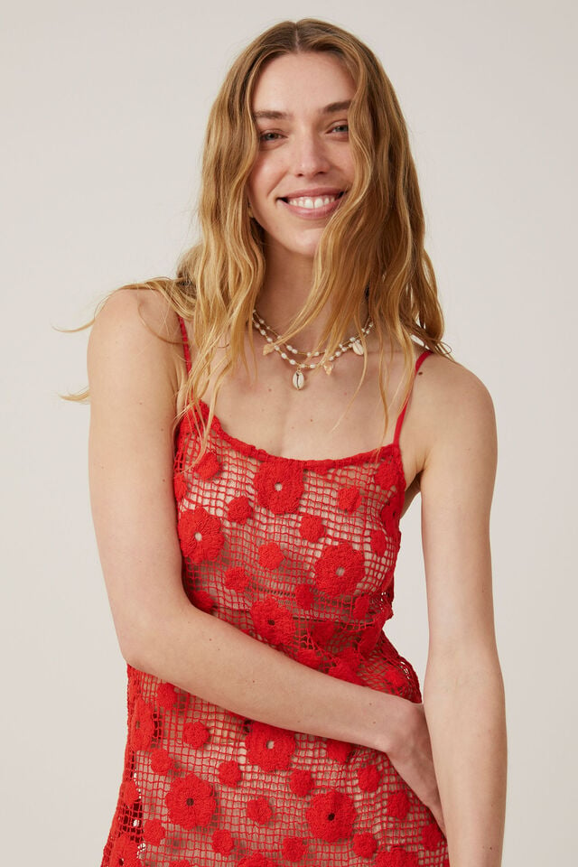 Flower Crochet Maxi Dress, SUMMER RED