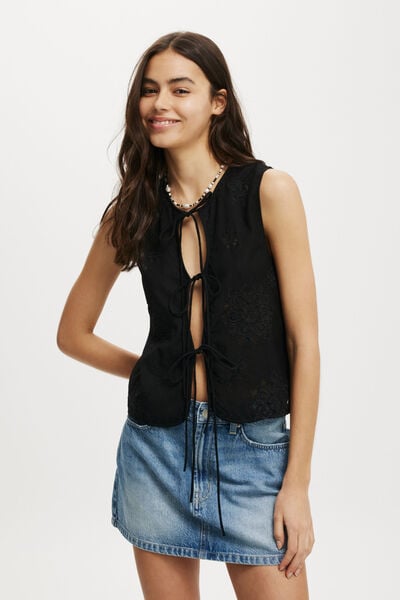 Kyha Tie Front Vest, BLACK BRODERIE