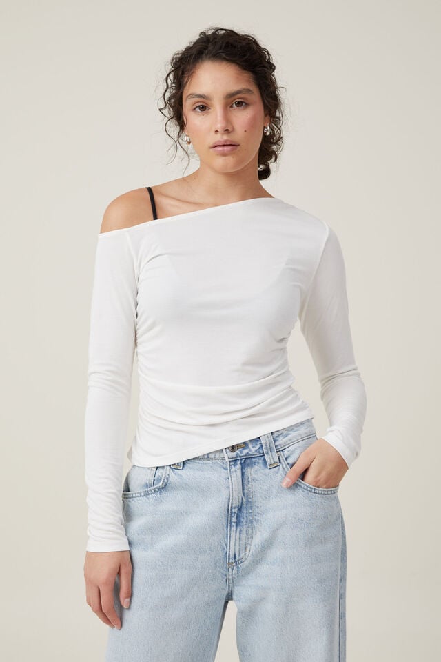 Gabby Off The Shoulder Long Sleeve Top, NATURAL WHITE