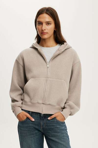 Waffle Zip Through Hoodie, WASHED PEBBLESTONE