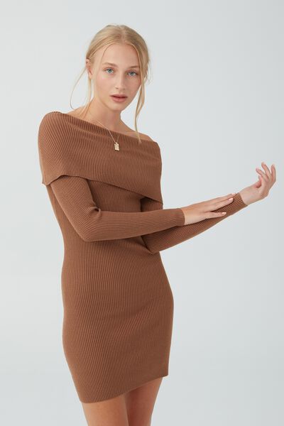 Off The Shoulder Knit Mini Dress, RICH TAUPE
