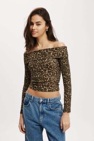 Staple Rib Off Shoulder Long Sleeve Top, KATE LEOPARD