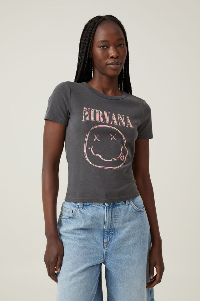 Nirvana Fitted Graphic Music Longline Tee, LCN MT NIRVANA SMILEY/ GRAPHITE
