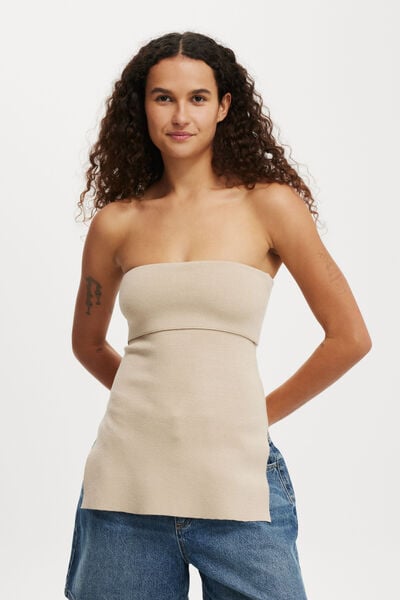 Double Knit Fold Over Bandeau, MID TAUPE