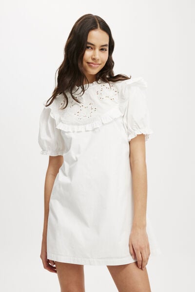 Zoe Cutwork Ruffle Mini Dress, WHITE