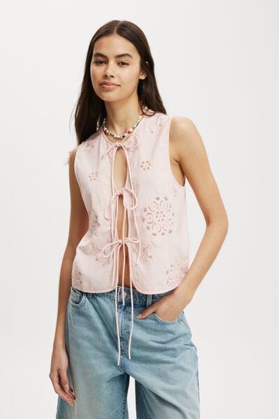 Kyha Tie Front Vest, FROSTED ROSE BRODERIE