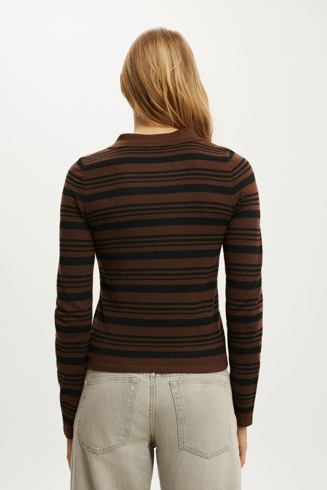 Sara Knit Ls Polo, DARK OAK STRIPE