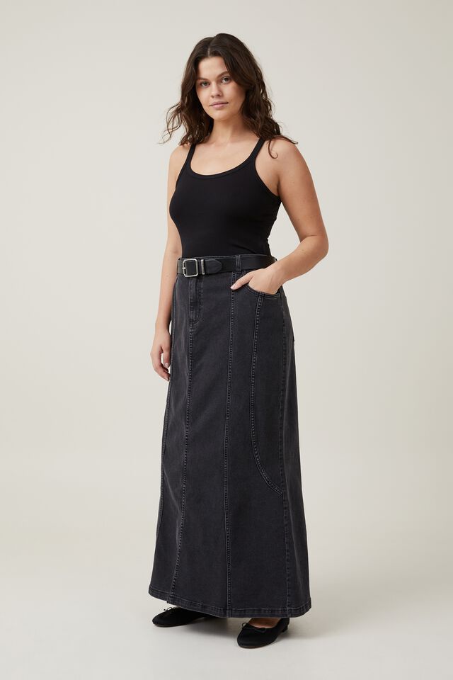 Panel Flare Denim Maxi Skirt, GRAPHITE BLACK