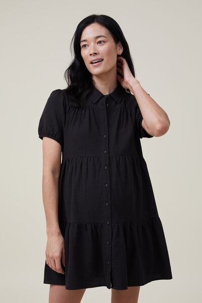 Maternity Friendly Textured Tiered Shirt Dress, BLACK