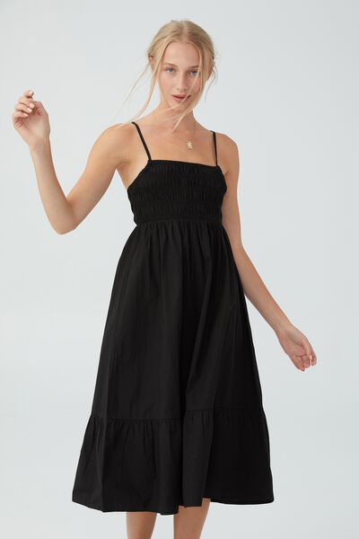 Petite Poppy Shirred Midi Dress, BLACK