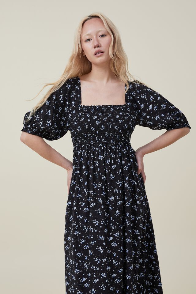 Alexa Puff Sleeve Midi Dress, DAPHINE DITSY BLACK SHORELINE