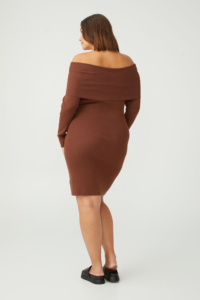 Curve Off The Shoulder Knit Mini Dress, DESERT BROWN