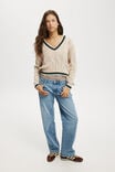 Varsity V-Neck Crop Cable Sweater, STONE PINE GREEN TIPPING - alternate image 2