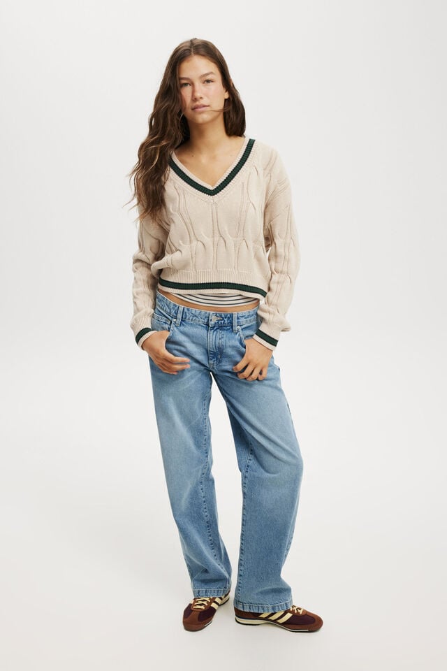 Varsity V-Neck Crop Cable Sweater, STONE PINE GREEN TIPPING