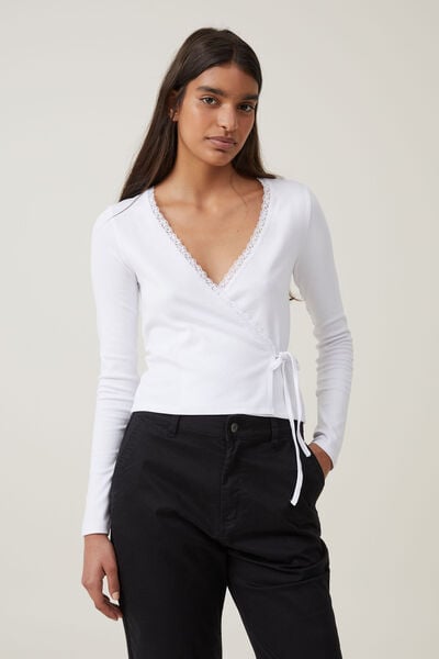 Sammie Wrap Front Long Sleeve Top, WHITE