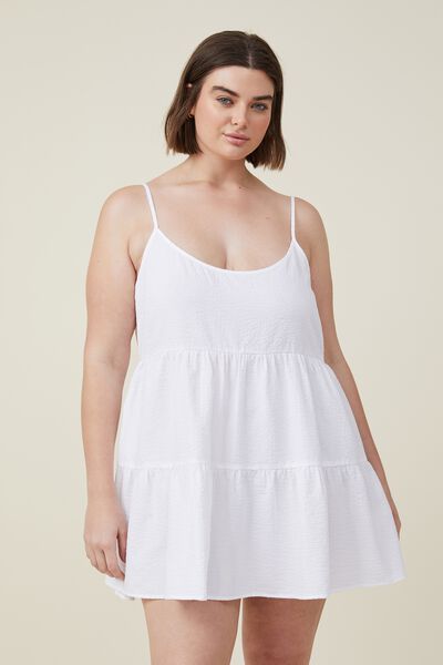 Curve Woven Summer Tiered Mini Dress, WHITE
