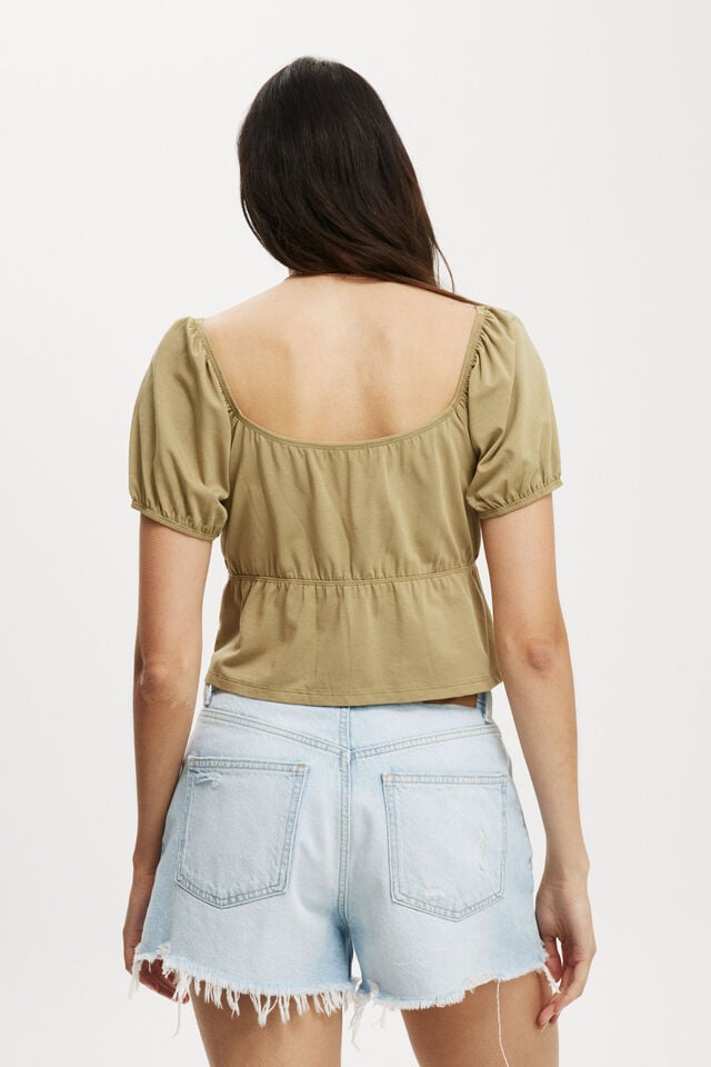 Mila Tie Front Short Sleeve Top, DESERT KHAKI