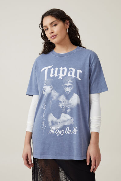Camiseta - Boyfriend Fit Hip Hop Tee, LCN BRA 2PAC ALL EYEZ ON ME/ELEMENTAL BLUE