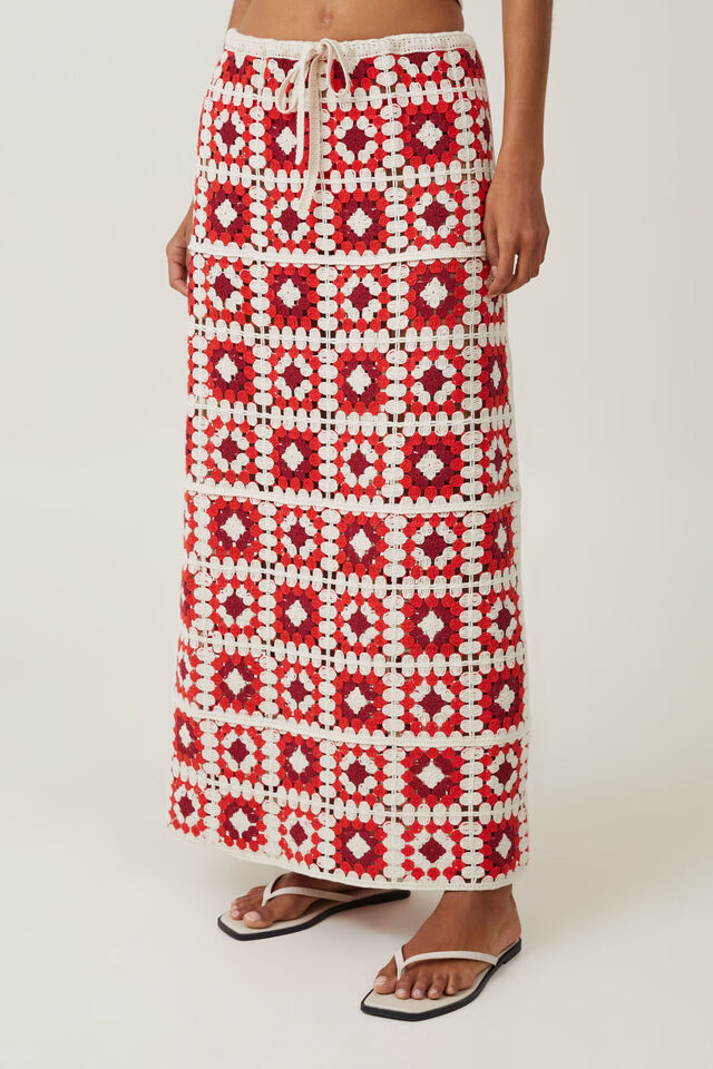 Crochet Knit Maxi Skirt, ECRU/ SUMMER RED